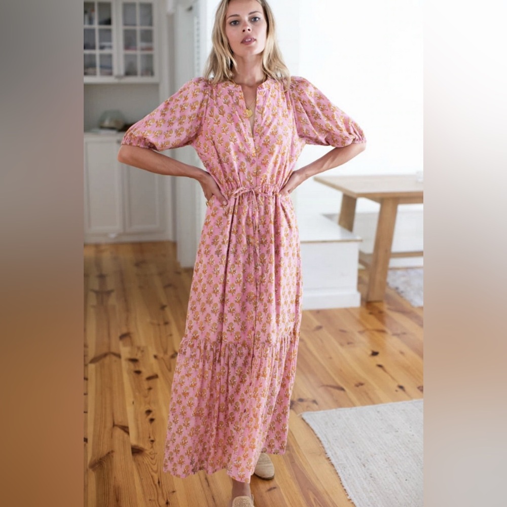 Emerson Fry Pink and White Puff Sleeve Maxi Sundress